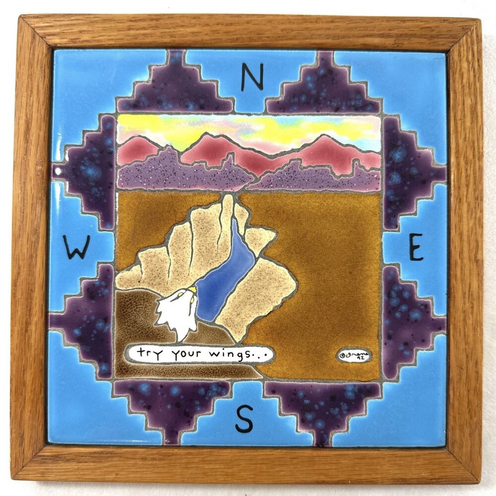 Southwest Tile Art © Orane 1992 “Try Your Wings” Eagle Compass Framed 7x7” - Picture 3 of 8